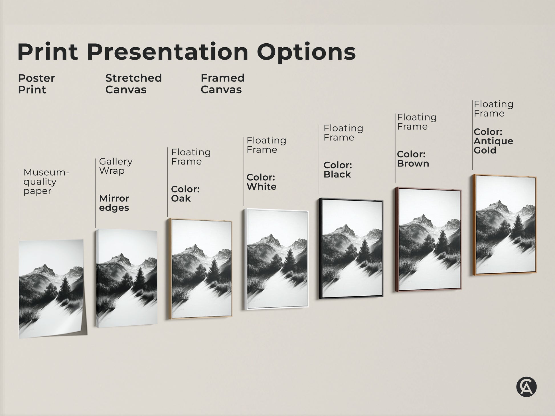 Explore print presentation options. Choose poster prints stretched canvas or framed canvas. Featuring black brown white & oak frames. Gallery wrap and museum-quality paper options available