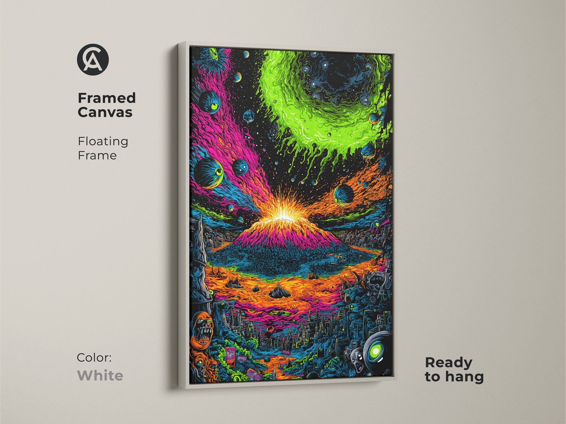 Framed canvas art showcasing a colorful volcano art print. This floating frame provides a sleek look. The artwork is ready to hang. The white frame highlights the vibrant details of the cosmic volcano artwork.