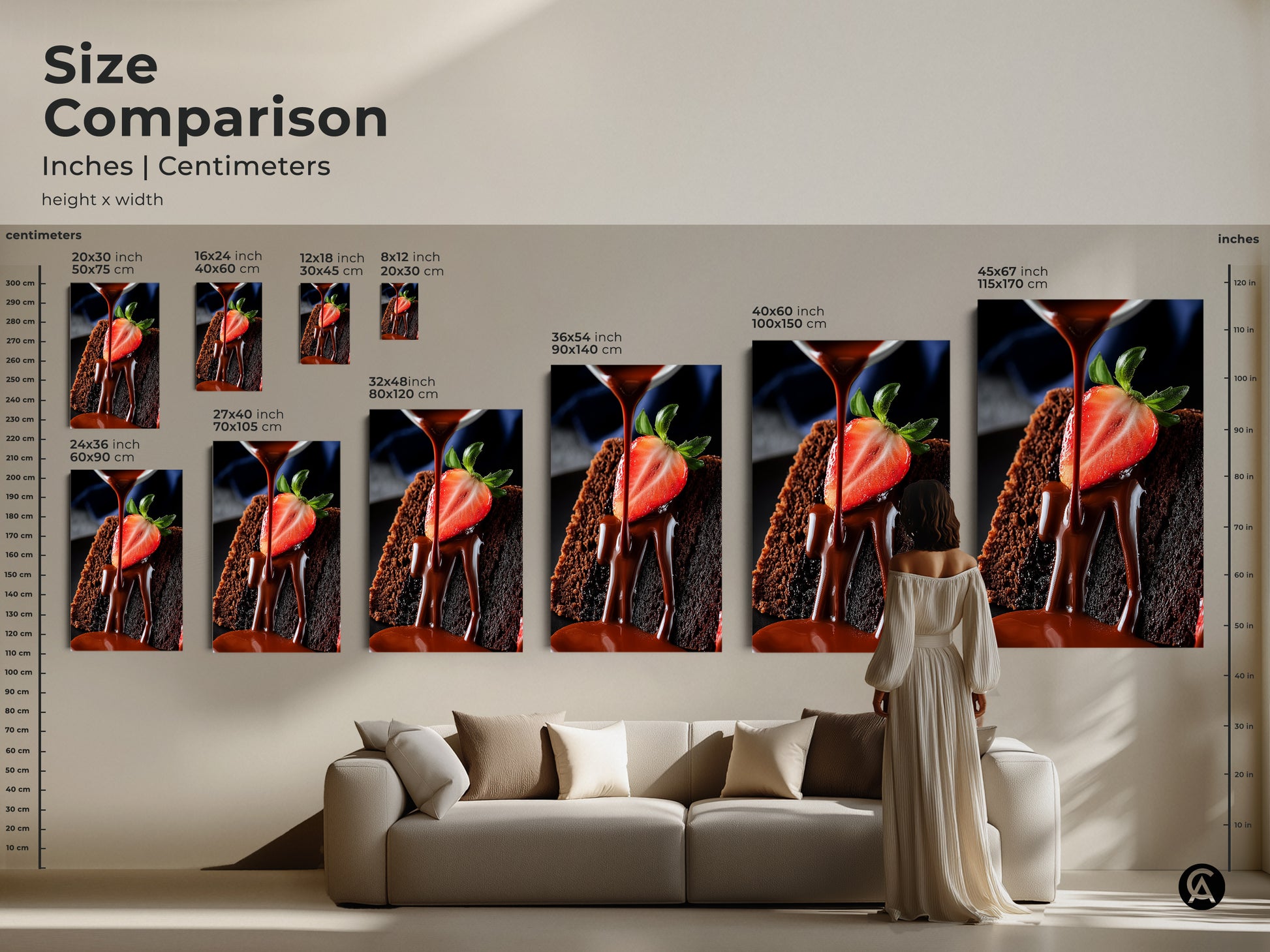 Size comparison of chocolate cake prints. Inches and centimeters are shown. A woman views the art in a living room. The strawberry chocolate drip print adds sweetness to any home.
