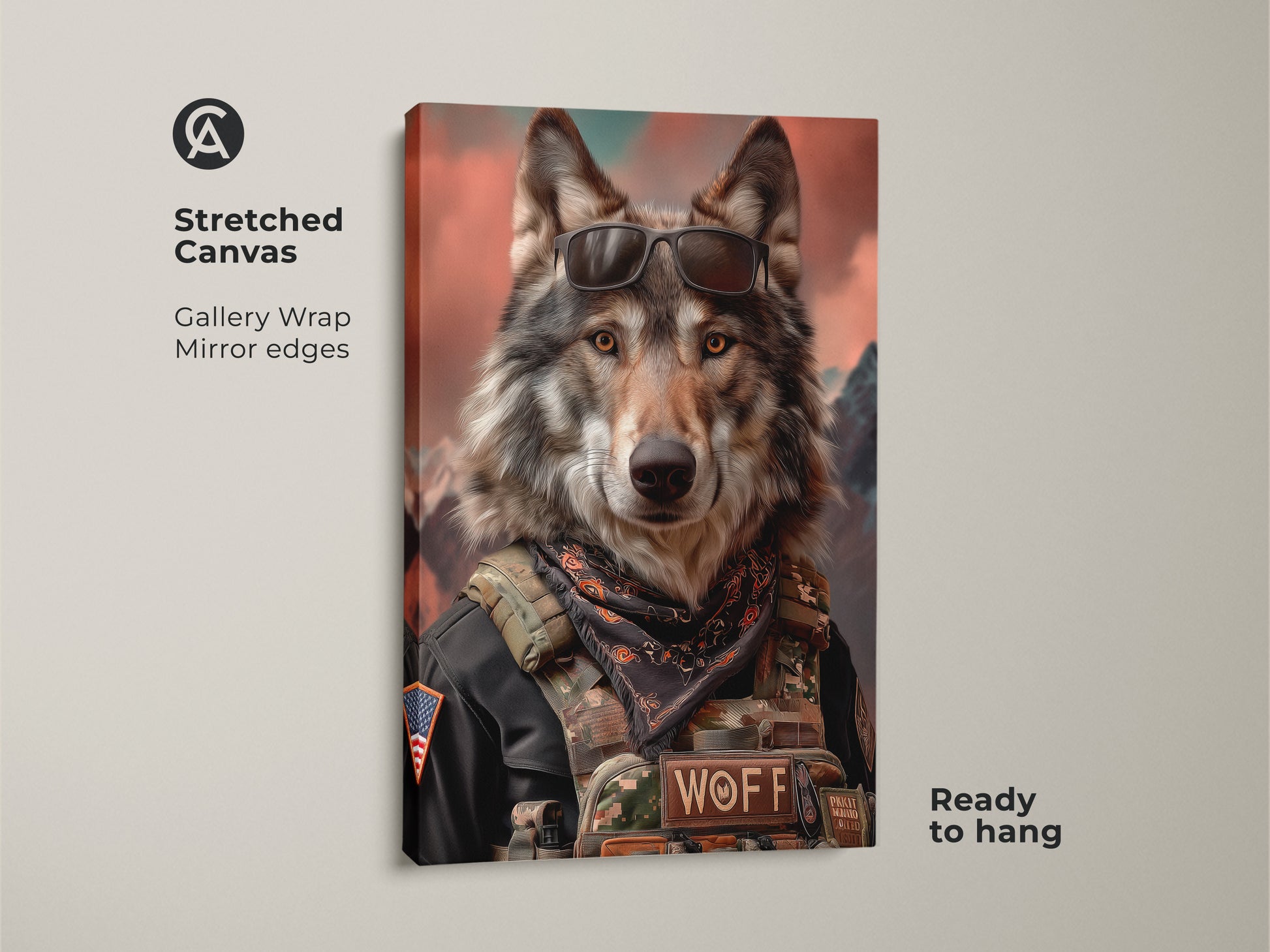 Stretched Canvas of a Military Wolf Artwork. This cool wolf wall art is perfect for a man cave decor print. The photorealistic wolf art showcases a wildlife animal print with sunglasses. This artwork is a unique gift for wolf lovers. Add rugged animal art to your office wall. Perfect birthday gift for him