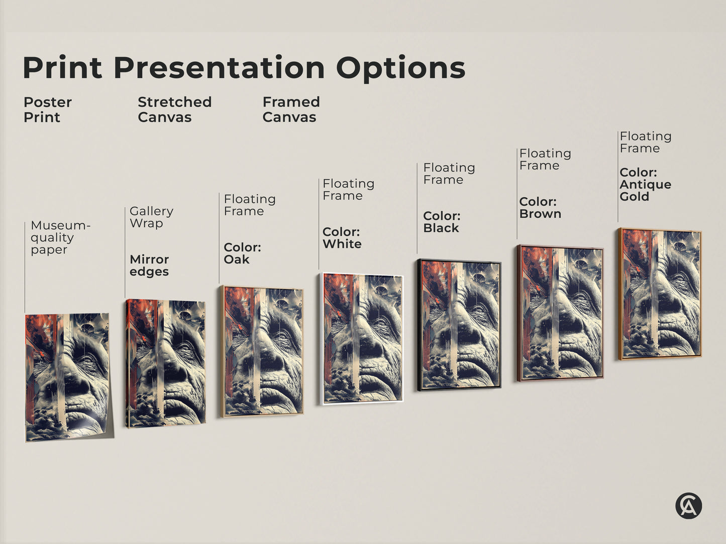 Print presentation options for glitch art. Options include a poster print stretched canvas and framed canvas. Each artwork displays an old man's face in an abstract portrait style. The art combines geometric patterns with beige navy and terracotta.