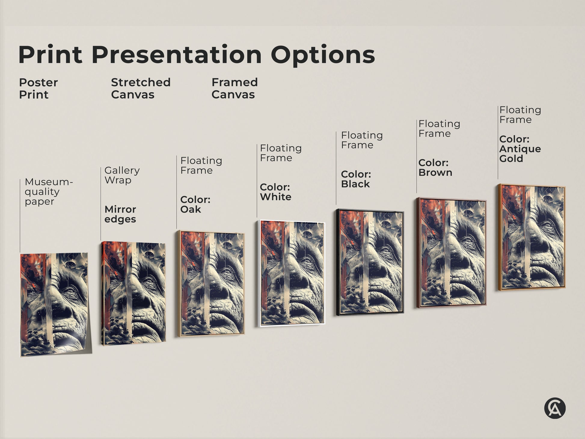 Print presentation options for glitch art. Options include a poster print stretched canvas and framed canvas. Each artwork displays an old man's face in an abstract portrait style. The art combines geometric patterns with beige navy and terracotta.
