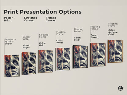 Print presentation options for glitch art. Options include a poster print stretched canvas and framed canvas. Each artwork displays an old man's face in an abstract portrait style. The art combines geometric patterns with beige navy and terracotta.