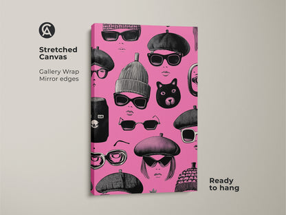 Stretched canvas of retro pop art. Pink and black faces with sunglasses and berets create an eclectic fashion statement. This gallery wrapped wall art print is ready to hang. The hot pink background makes the black details pop.