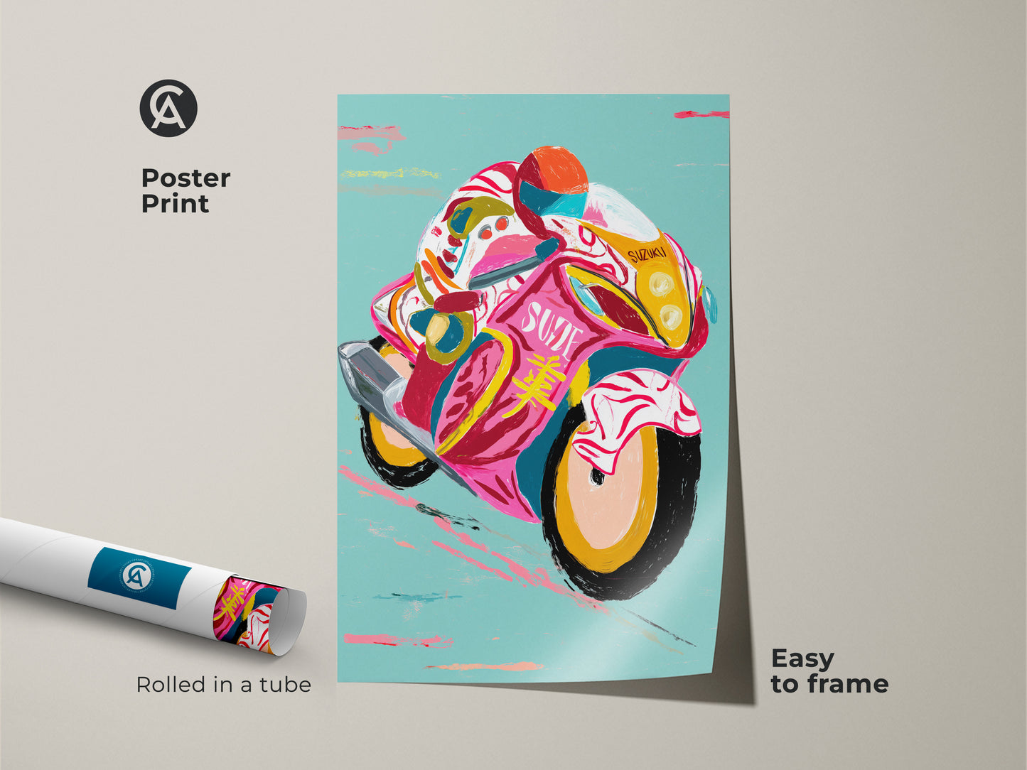 A vibrant poster print showing an abstract motorcycle art piece. Features bold brushstrokes with a pink yellow and teal color palette. Great transport themed wall decor and F1 fan gift.
