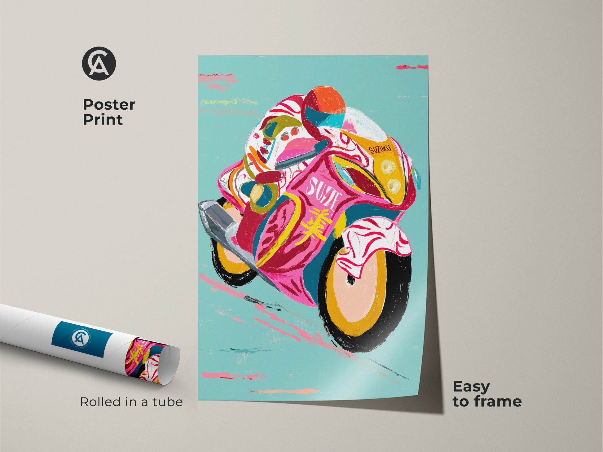 A vibrant poster print showing an abstract motorcycle art piece. Features bold brushstrokes with a pink yellow and teal color palette. Great transport themed wall decor and F1 fan gift.