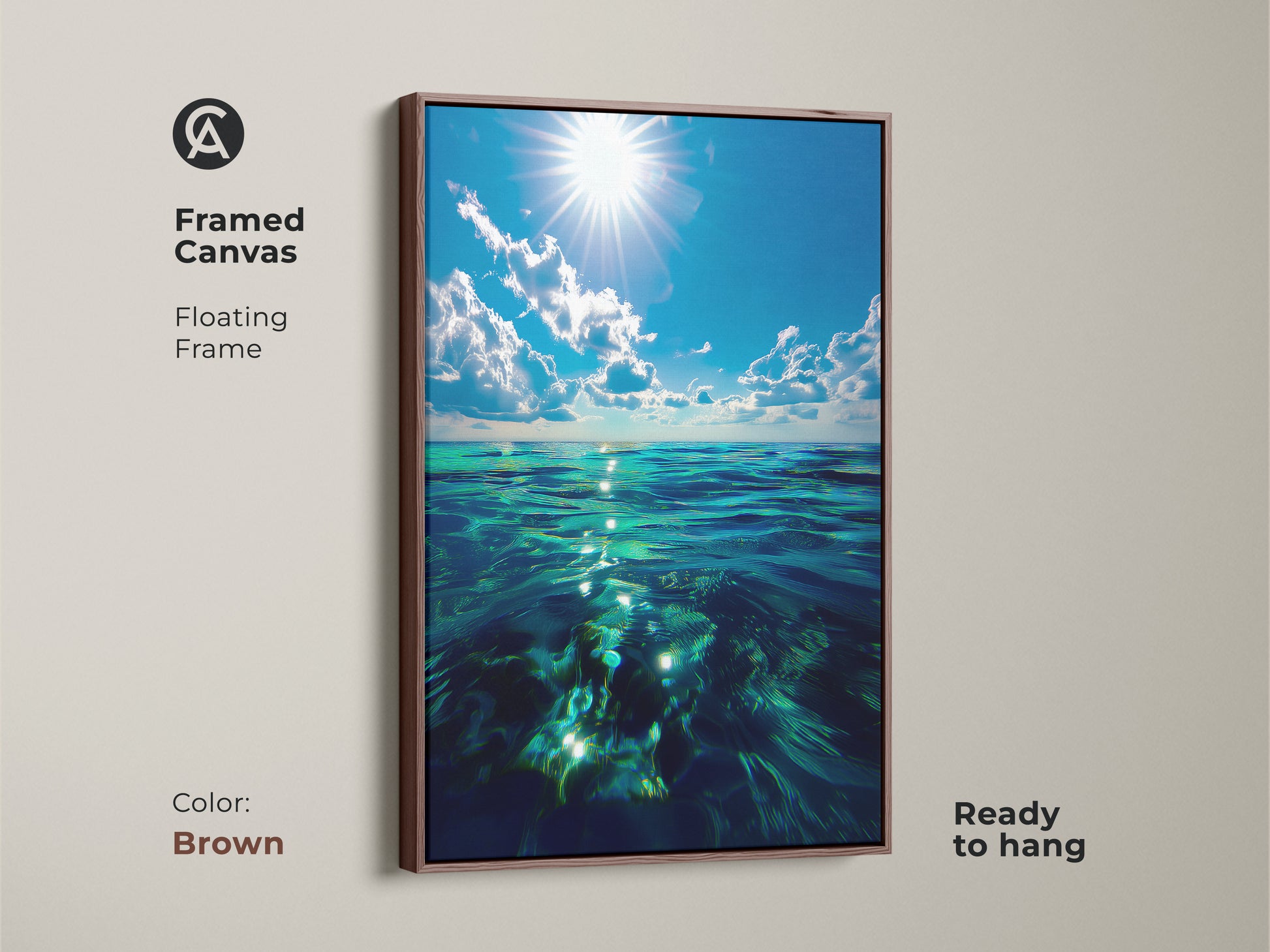 This framed canvas art shows photorealistic ocean waves with a brown floating frame. The coastal wall art decor is ready to hang. It brings the beauty of the sea and sunlight to your walls. This artwork captures the essence of a coastal home.