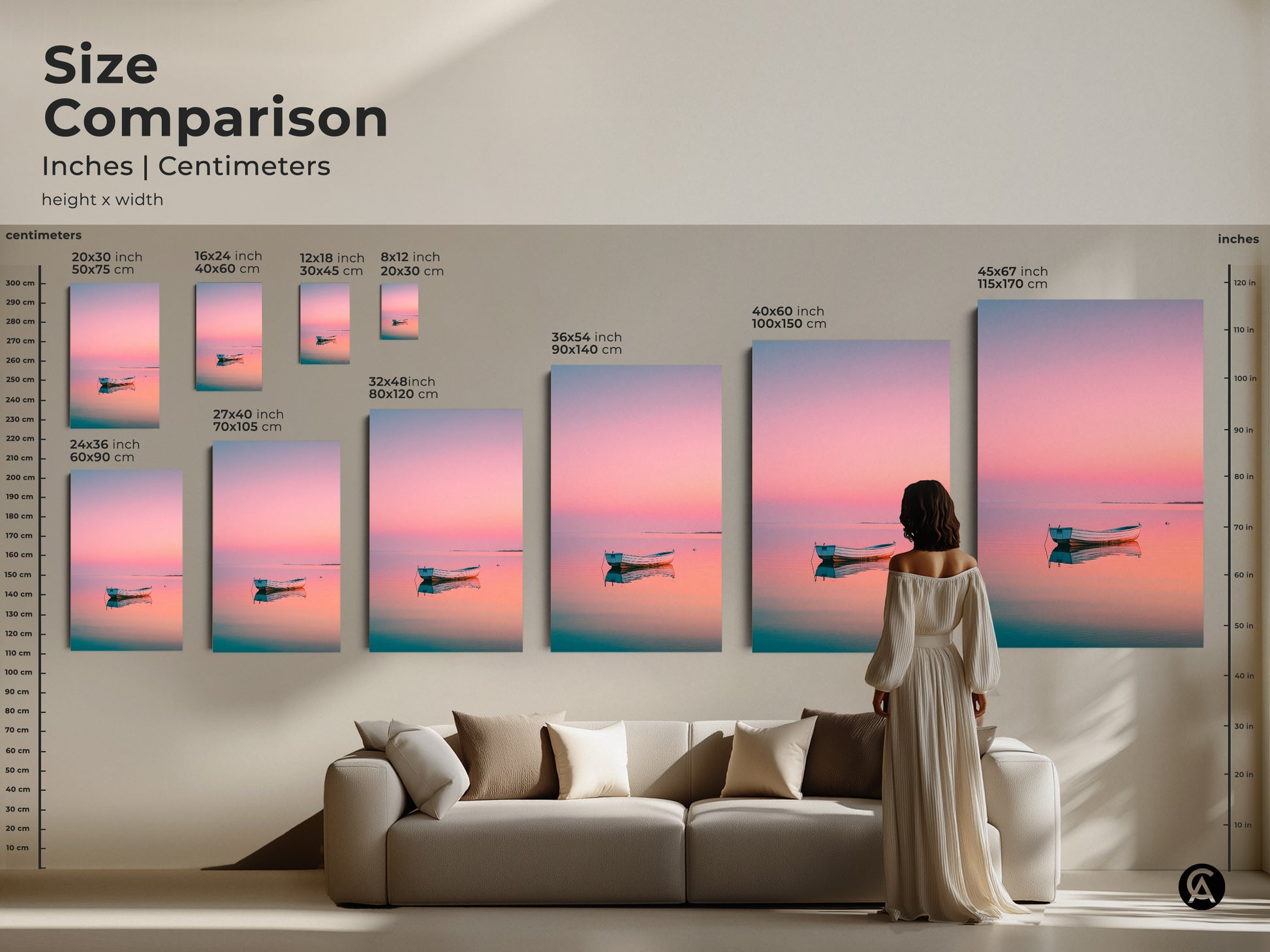 Size comparison of the boat artwork prints. See the artwork in various sizes from small to large. The artwork enhances any room. Find the ideal size to complement your home decor.