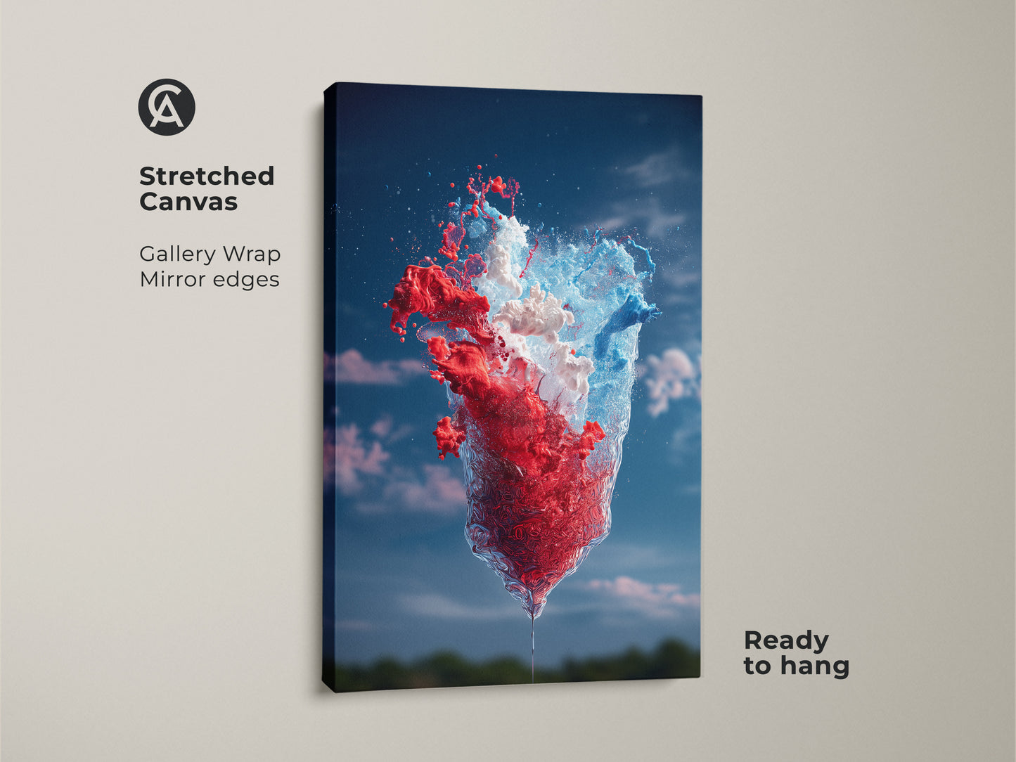 A stretched canvas gallery wrap featuring abstract red blue and white splash art with mirror edges. Ready to hang this contemporary abstract artwork brings an energetic water burst to any modern office or living room. The bold color abstract art will enhance your home decor.