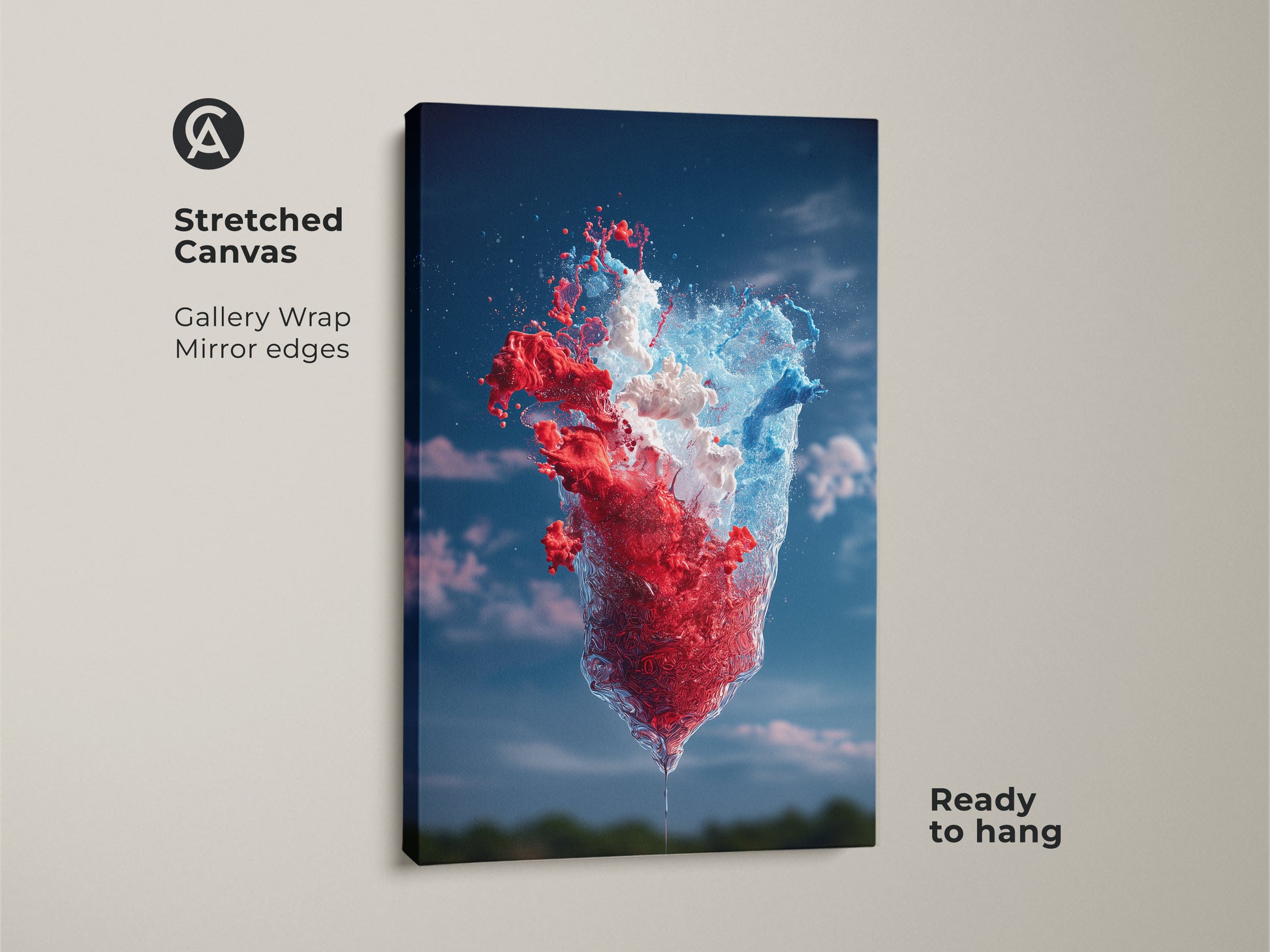 A stretched canvas gallery wrap featuring abstract red blue and white splash art with mirror edges. Ready to hang this contemporary abstract artwork brings an energetic water burst to any modern office or living room. The bold color abstract art will enhance your home decor.