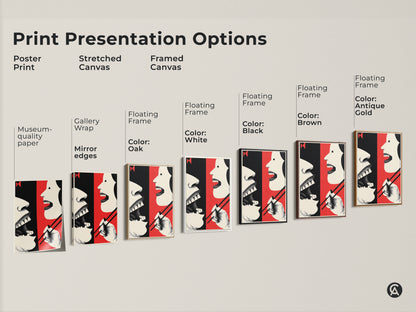 Explore print options for abstract mouth and chopsticks artwork. Choose from poster stretched or framed canvas. Each style accentuates the red cream and black retro artwork. Options include gallery wrap and floating frames in various colors.