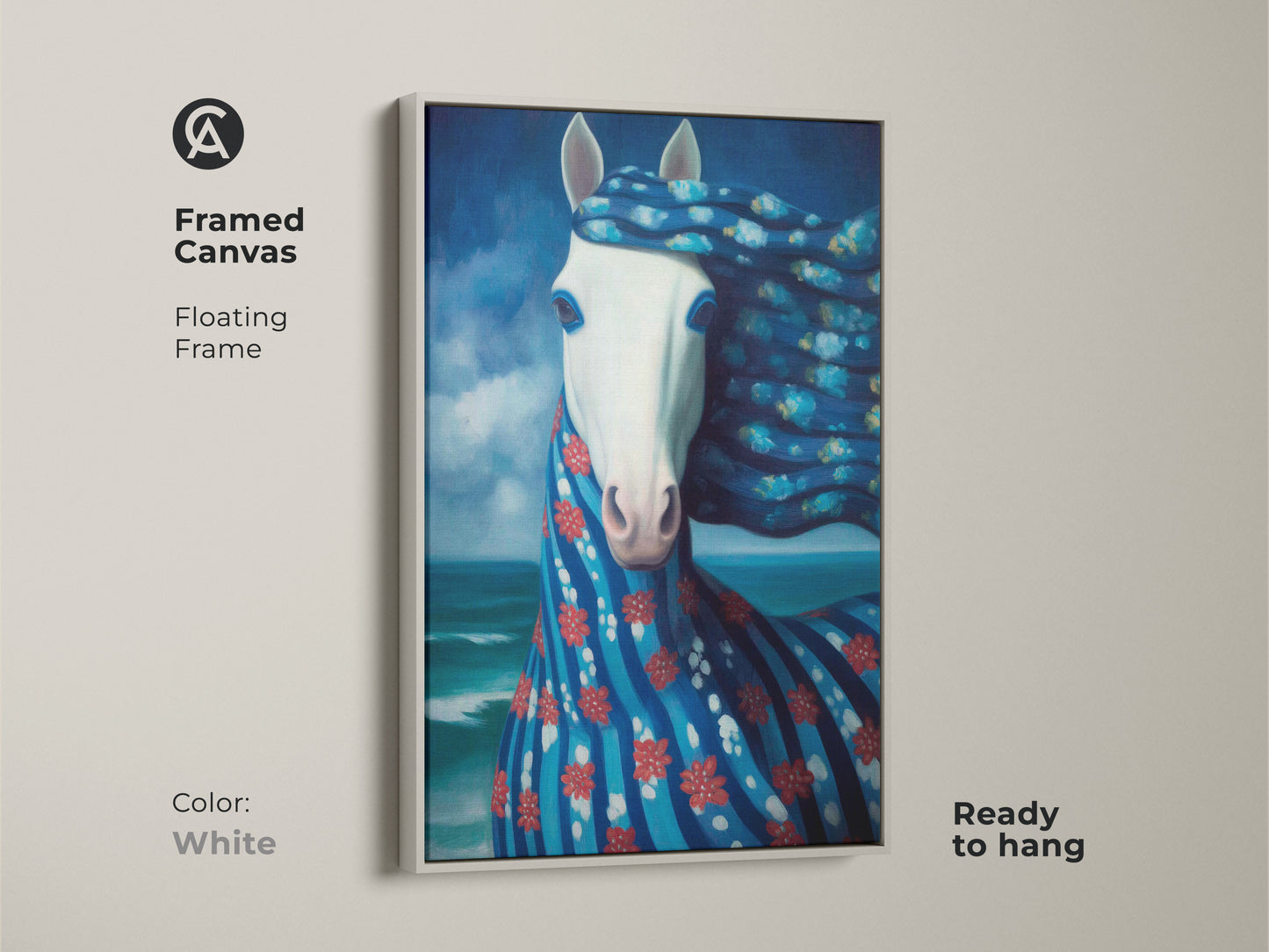 A framed canvas with a white floating frame presents a surreal horse art print. This ready-to-hang piece showcases an ocean fantasy scene. It is a unique wall decor option for horse enthusiasts and those seeking eclectic art.