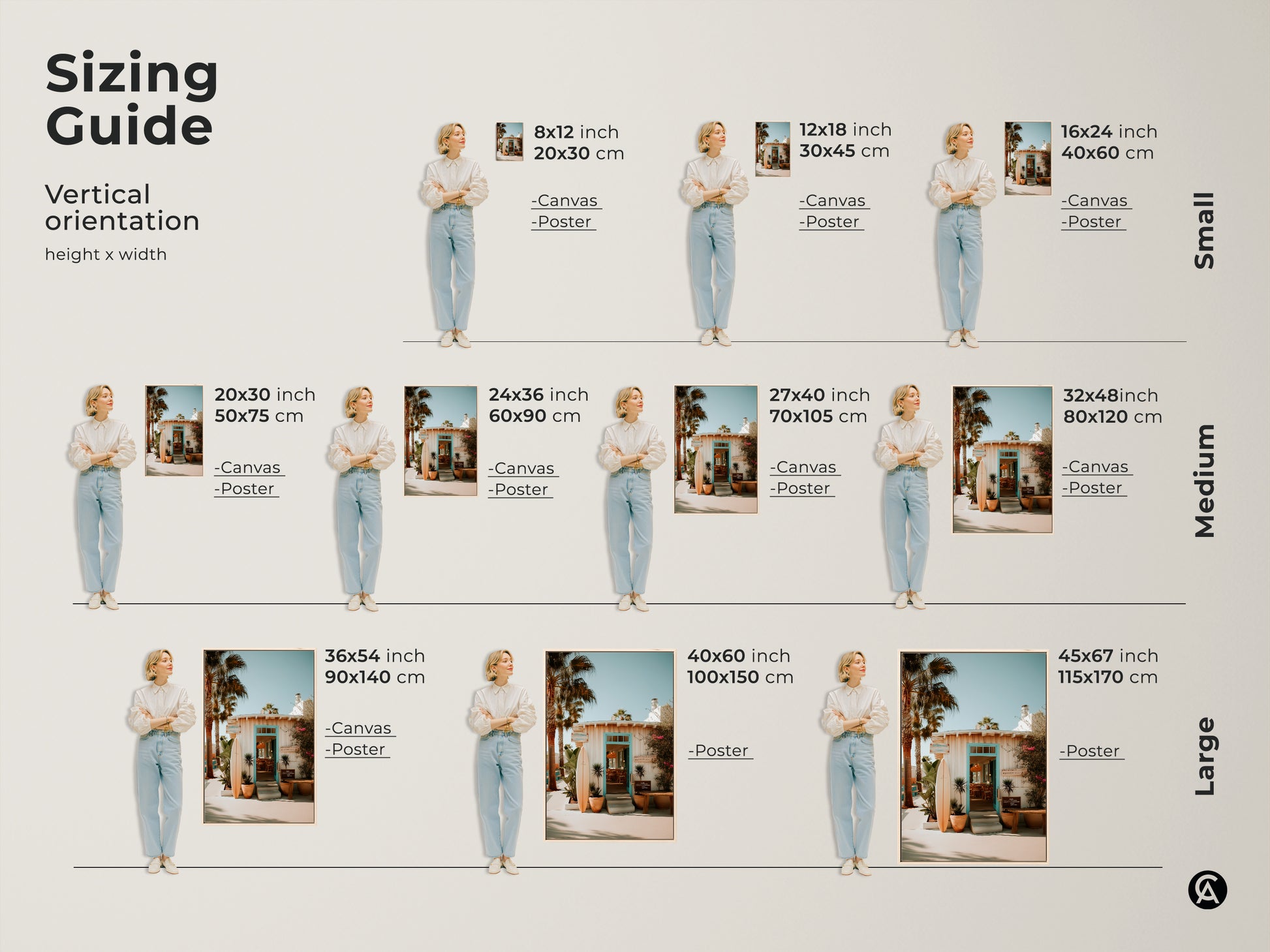 Sizing guide for vertical artwork featuring a beach resort entrance. Sizes range from small to large. Available as canvas or poster prints. Find the perfect fit for your space with this helpful size comparison guide.