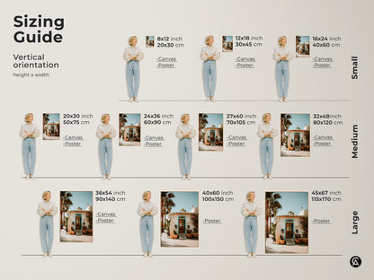 Sizing guide for vertical artwork featuring a beach resort entrance. Sizes range from small to large. Available as canvas or poster prints. Find the perfect fit for your space with this helpful size comparison guide.