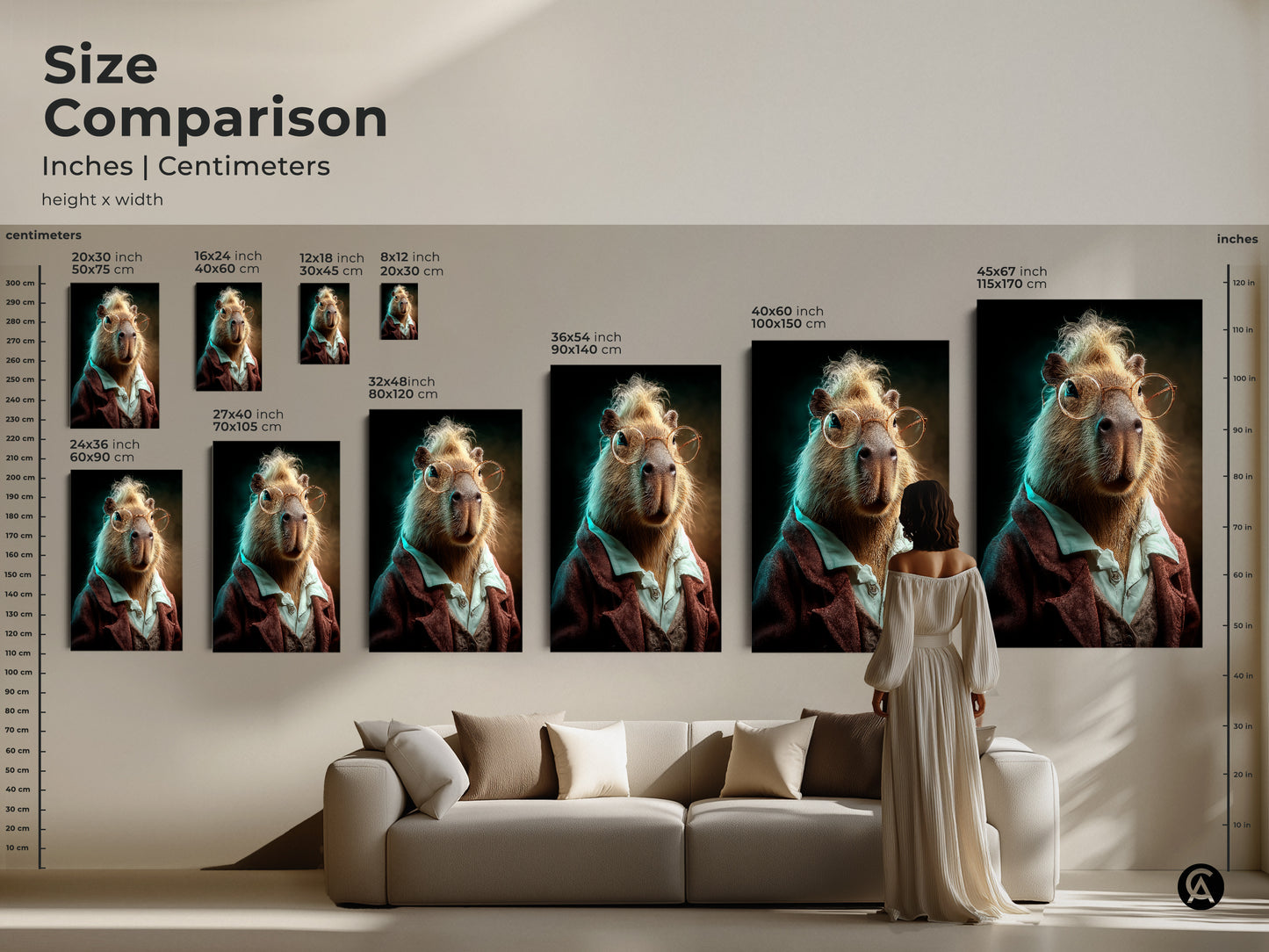 A size comparison showcases inches and centimeters. Multiple capybara art prints are displayed. Sizes vary to fit different living spaces. Choose the perfect fit for your home decor
