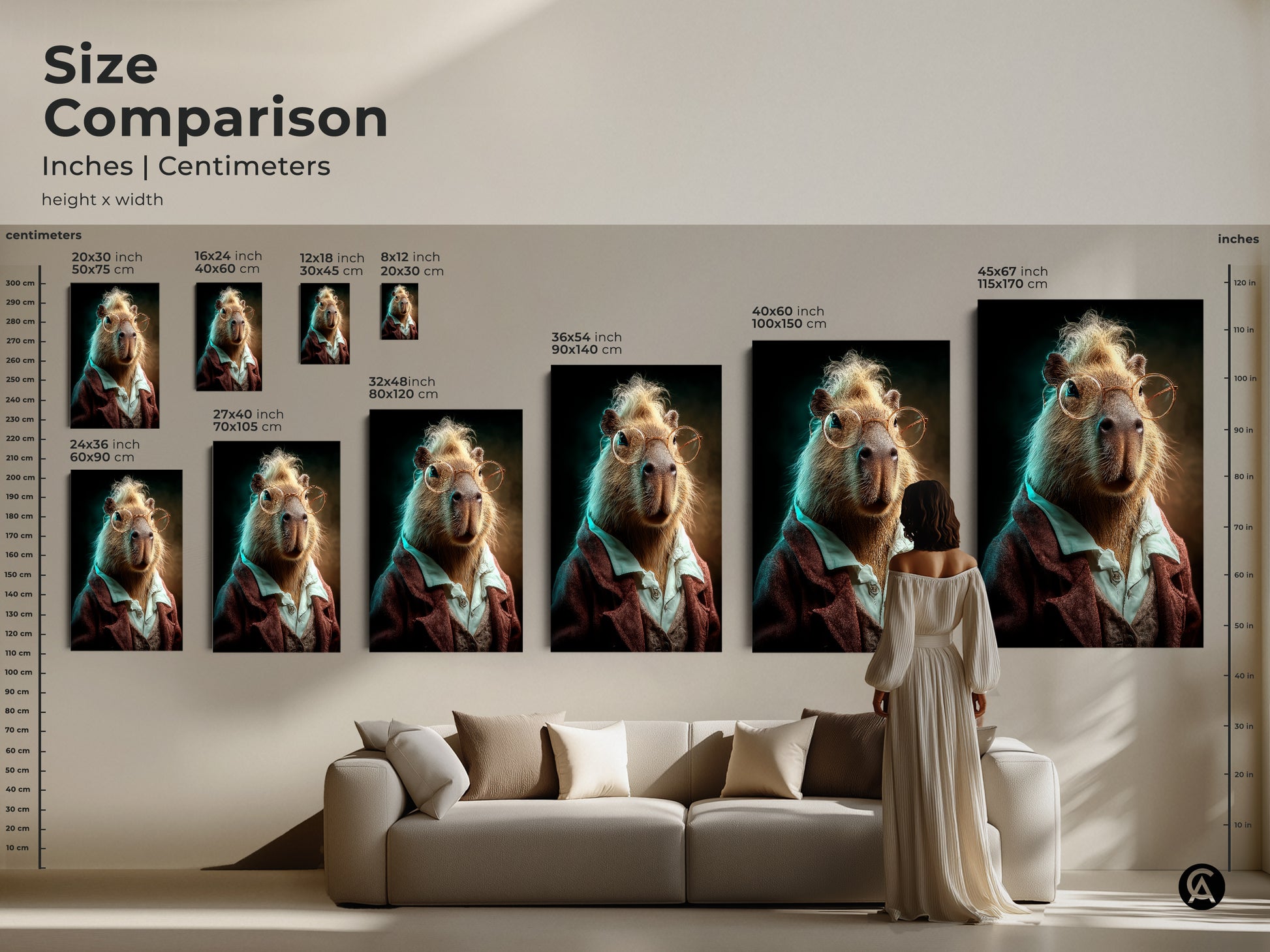 A size comparison showcases inches and centimeters. Multiple capybara art prints are displayed. Sizes vary to fit different living spaces. Choose the perfect fit for your home decor