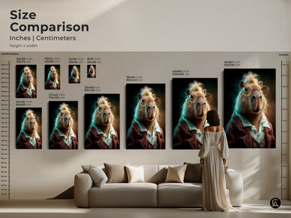 A size comparison showcases inches and centimeters. Multiple capybara art prints are displayed. Sizes vary to fit different living spaces. Choose the perfect fit for your home decor