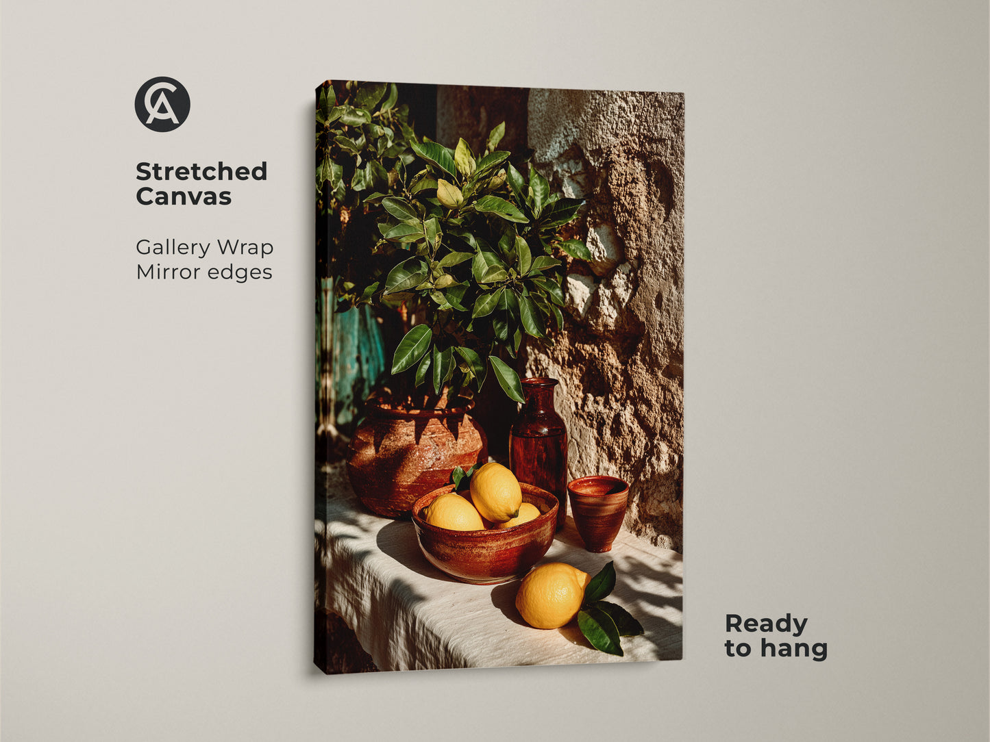 Bring a touch of rustic charm with this Mediterranean-style artwork. It showcases vibrant lemons and terracotta pottery in yellow and green tones. Ideal kitchen decor or a unique housewarming gift.