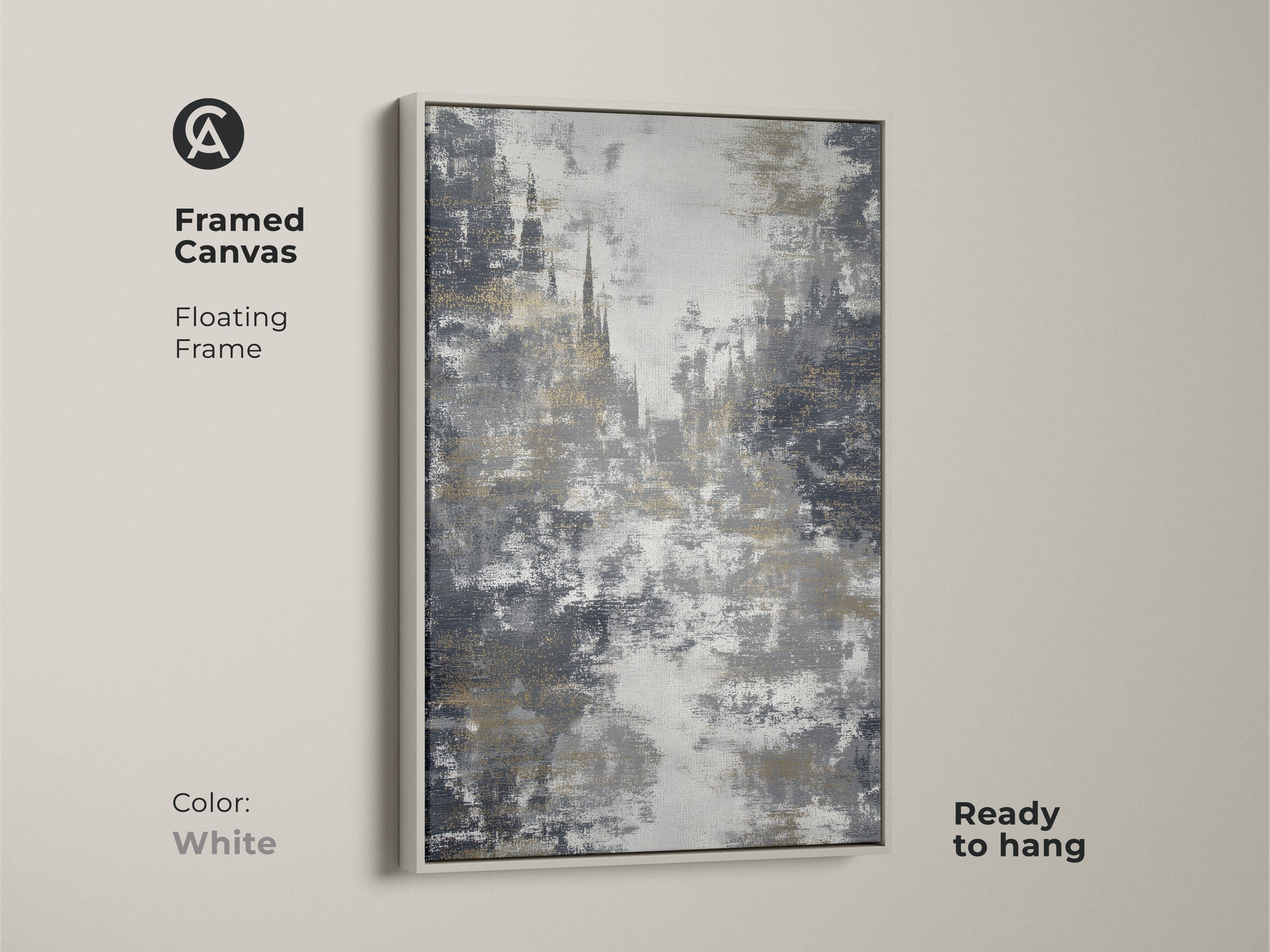 The white frame complements this charcoal gold wall art. The textured abstract print is ready to hang. The contemporary office decor features gothic architecture art. The abstract city view is a modern architectural art piece. Enhance your home with this unique wall decor.
