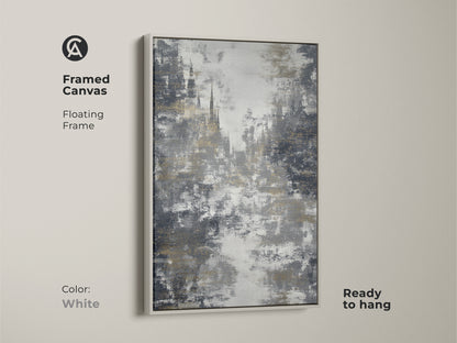 The white frame complements this charcoal gold wall art. The textured abstract print is ready to hang. The contemporary office decor features gothic architecture art. The abstract city view is a modern architectural art piece. Enhance your home with this unique wall decor.