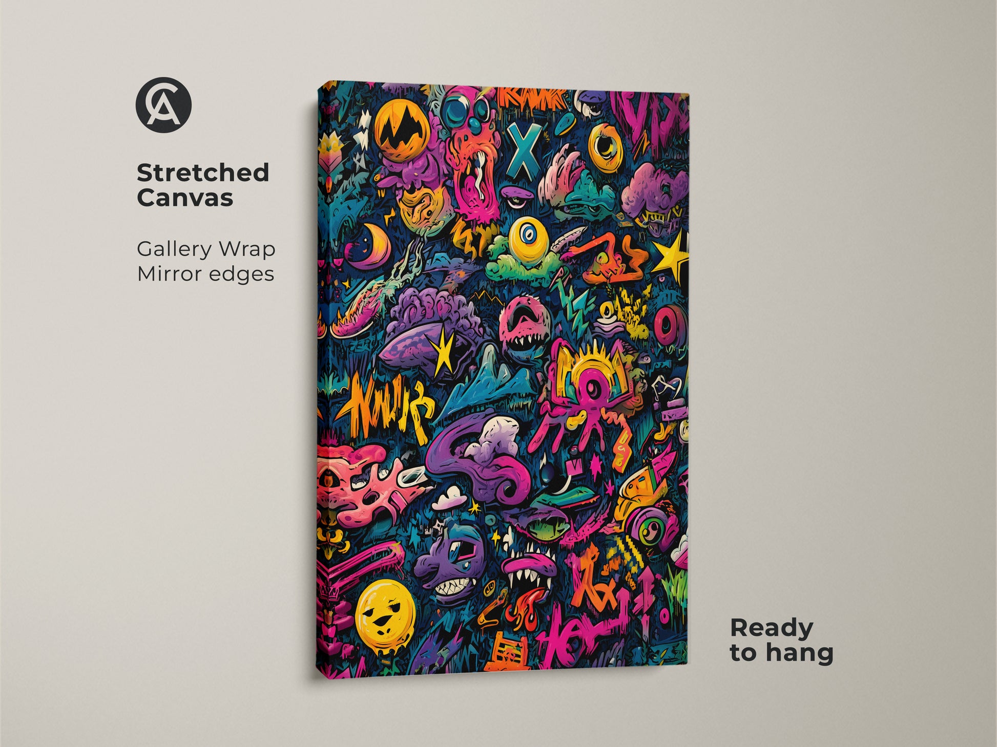 Stretched canvas art with gallery wrap. The mirror edges add depth to the graffiti artwork. The canvas is ready to hang. The colorful characters and shapes are eye-catching. This canvas art is a great conversation starter. Add this canvas to your art collection today