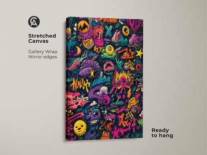 Stretched canvas art with gallery wrap. The mirror edges add depth to the graffiti artwork. The canvas is ready to hang. The colorful characters and shapes are eye-catching. This canvas art is a great conversation starter. Add this canvas to your art collection today