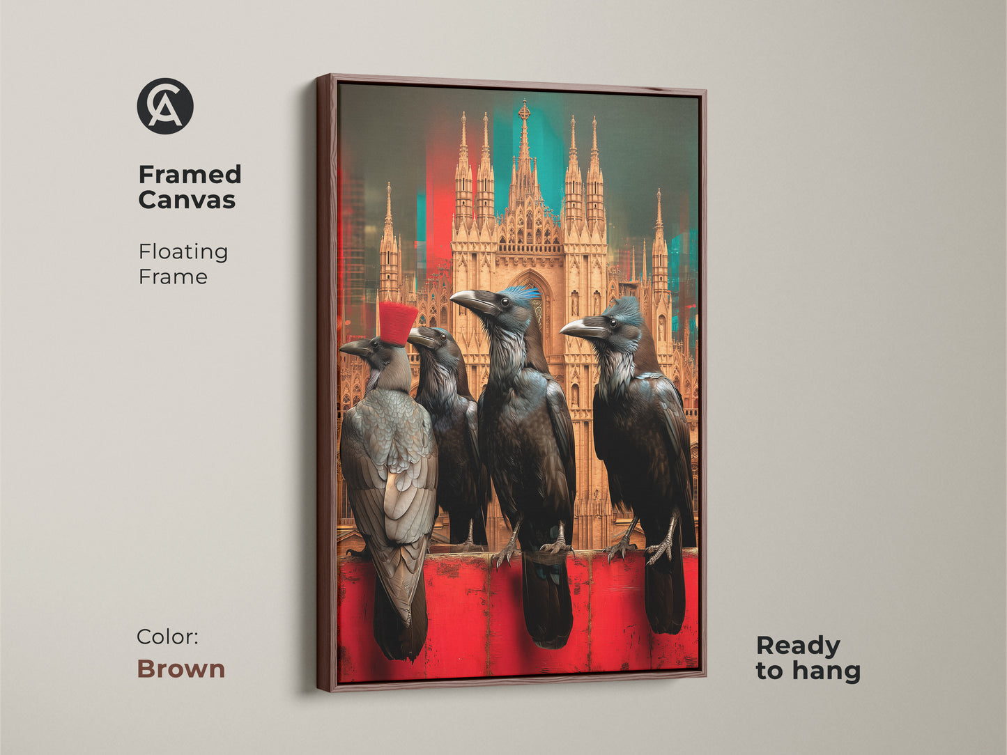 Framed canvas artwork featuring gothic crows and a cityscape is showcased with a floating brown frame. This eclectic gothic home art is ready to hang. It brings a surreal touch to any space. The dark academia wall decor is ideal for adding a moody dramatic effect.
