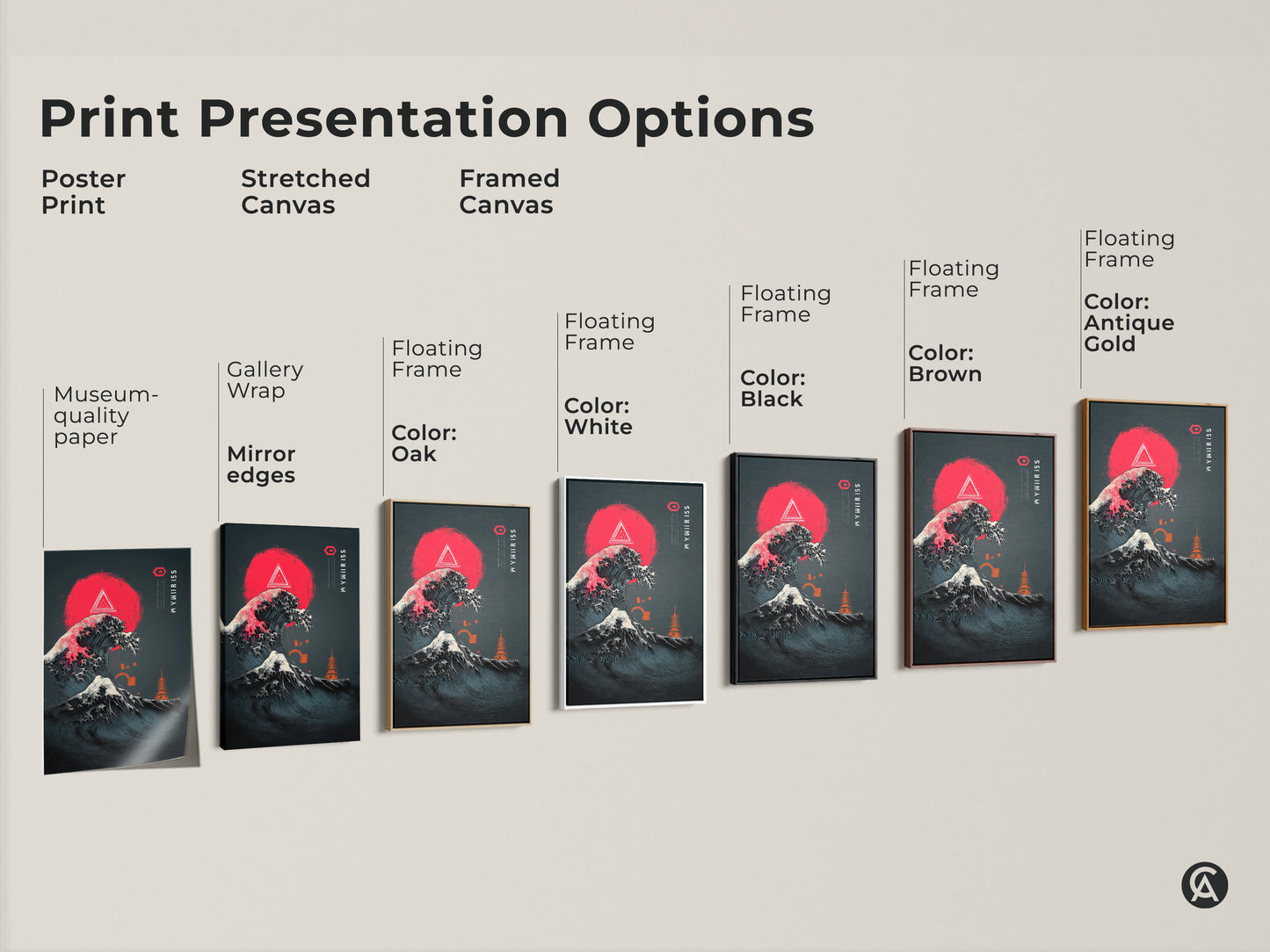 Print presentation options include a poster print stretched canvas and framed canvas. Museum quality paper with gallery wrap mirror edges. Floating frames come in white oak black brown and antique gold. The canvas showcases ukiyo-e wave art crimson sun and pagoda.