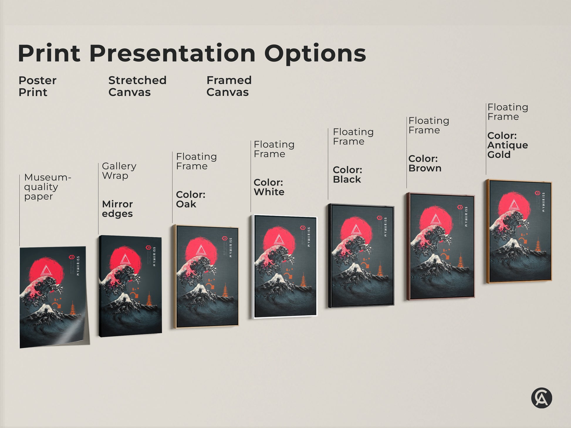 Print presentation options include a poster print stretched canvas and framed canvas. Museum quality paper with gallery wrap mirror edges. Floating frames come in white oak black brown and antique gold. The canvas showcases ukiyo-e wave art crimson sun and pagoda.
