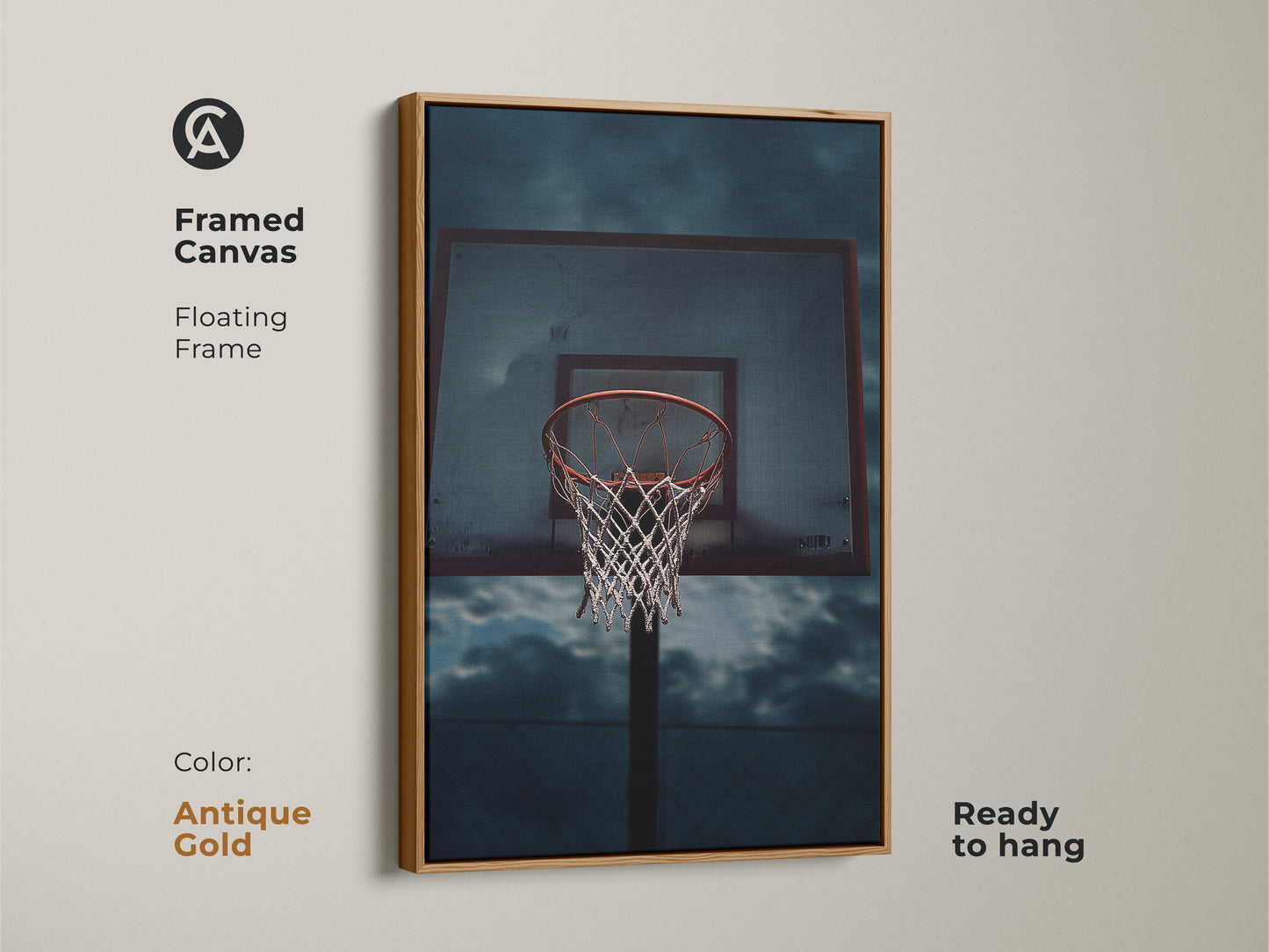 Framed canvas with a floating frame showcasing basketball art. This modern industrial artwork is perfect teen room decor. Ideal office sports art print or athletic wall hanging. The artwork has an antique gold frame.