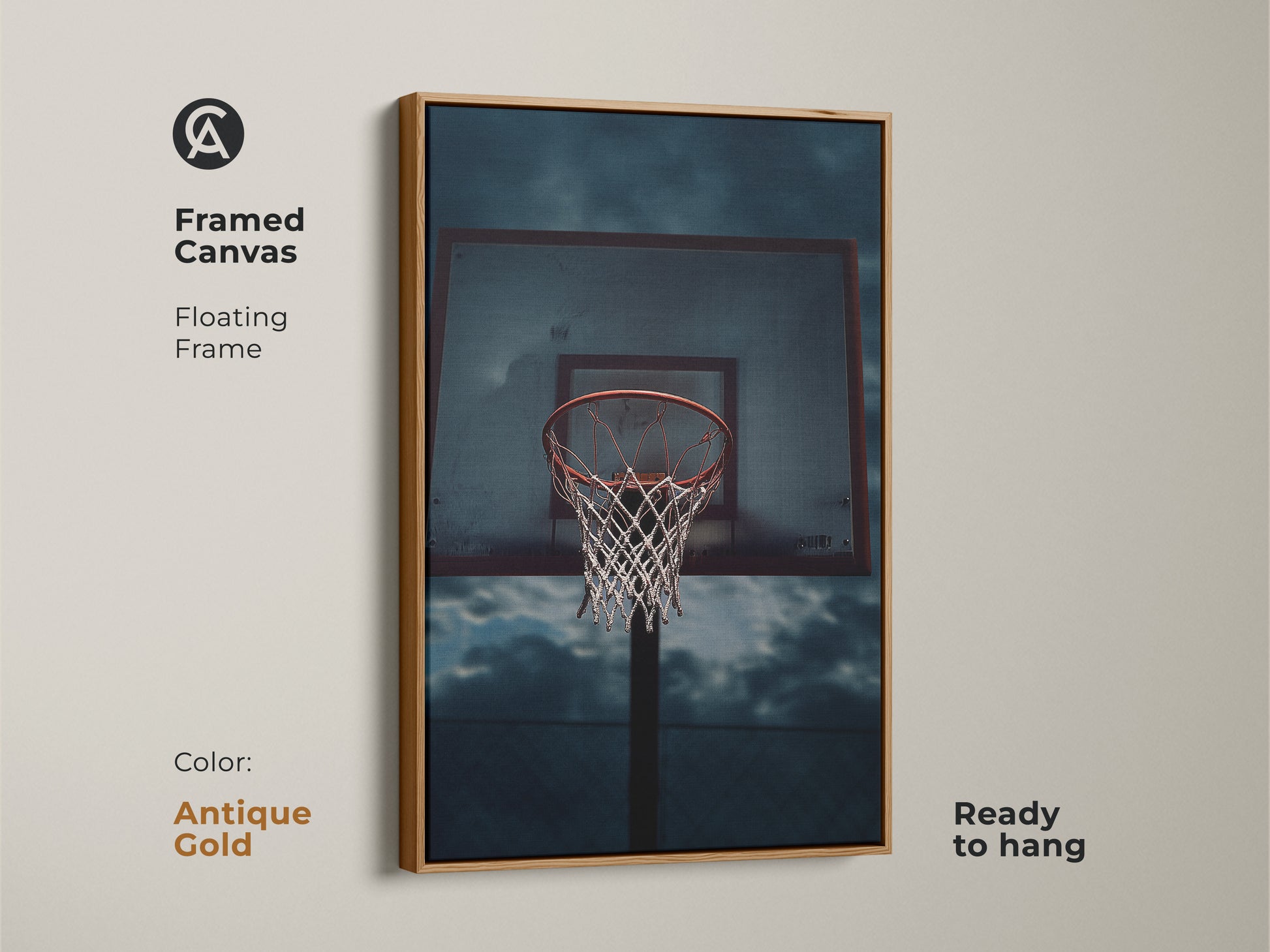 Framed canvas with a floating frame showcasing basketball art. This modern industrial artwork is perfect teen room decor. Ideal office sports art print or athletic wall hanging. The artwork has an antique gold frame.