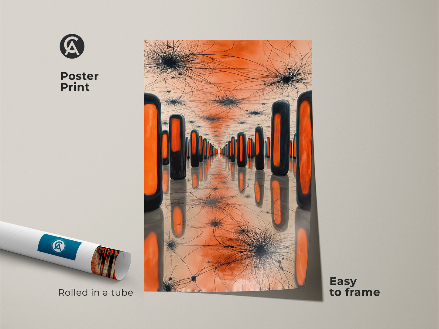 Poster print of abstract geometric surreal artwork rolled in a tube. The orange and black rectangles canvas art is easy to frame. Modern office wall decor and contemporary home accent in one unique piece.