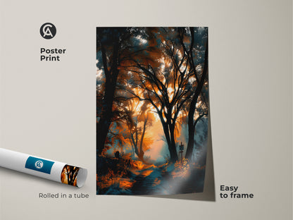 Poster print of a forest path with sunlight. This museum-quality paper print is easy to frame. Rolled in a tube for protection. A great way to add art to your space today.