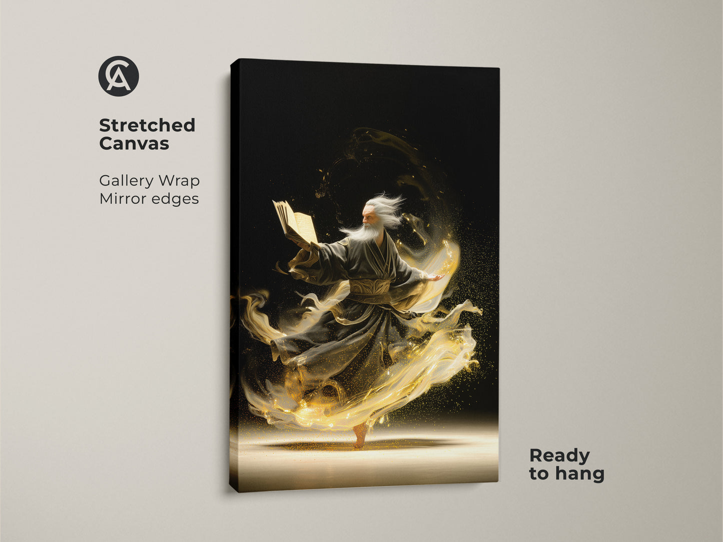 A stretched canvas print shows an elderly man reading a magic book. Golden energy swirls around him in this fantasy artwork. This spiritual canvas is ready to hang with gallery wrap mirror edges. This is a unique spiritual gift.