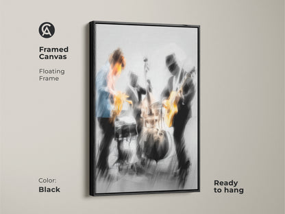 Framed canvas art of a jazz band on stage. The frame is black and the canvas has a floating frame effect. The musicians include a saxophonist guitarist and drummer. The artwork comes ready to hang. A cool piece for music enthusiasts.