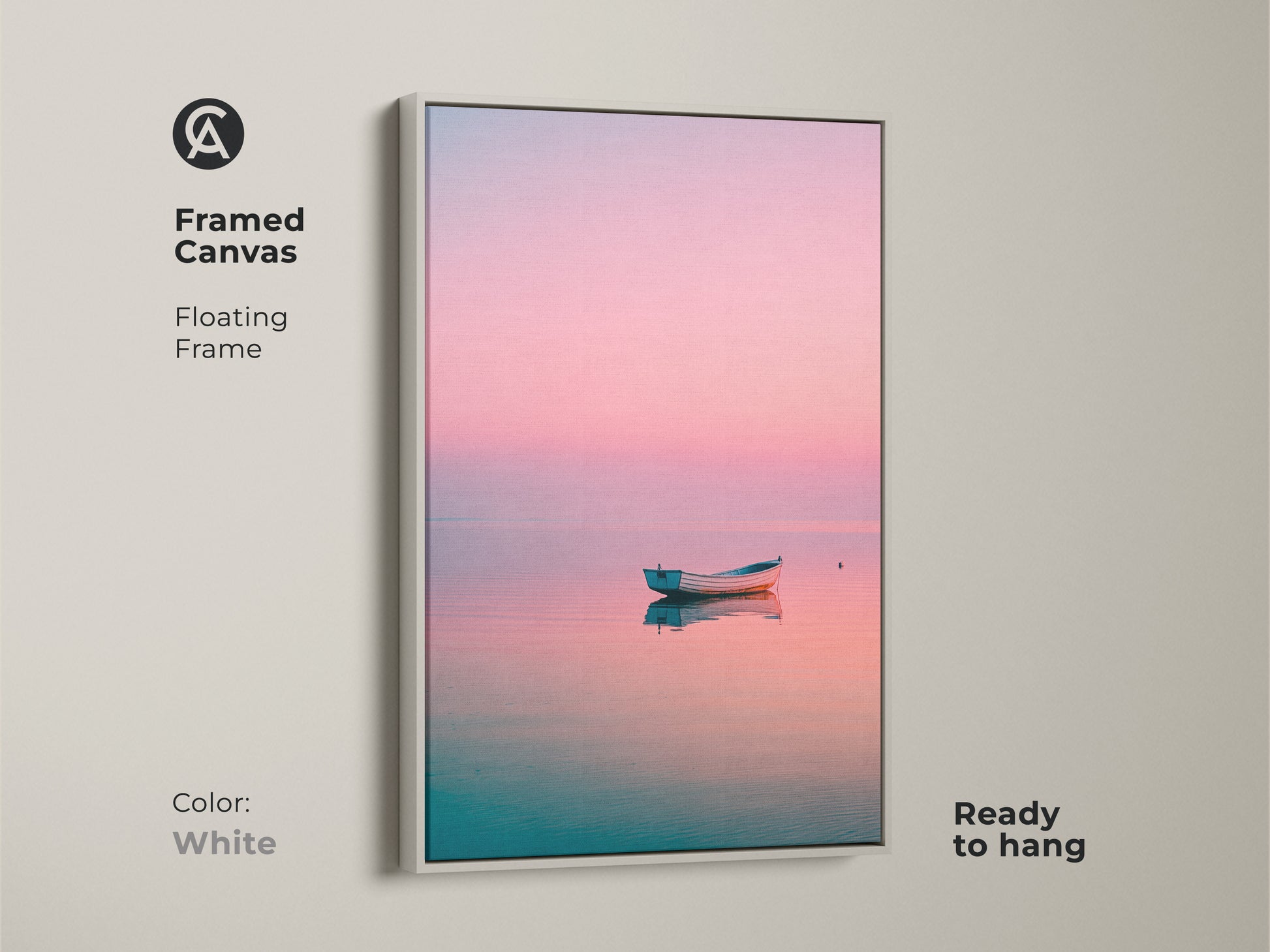 Framed canvas art featuring a boat on calm water. The floating frame is white. This coastal artwork is ready to hang. A peaceful and serene fine art print for your home.