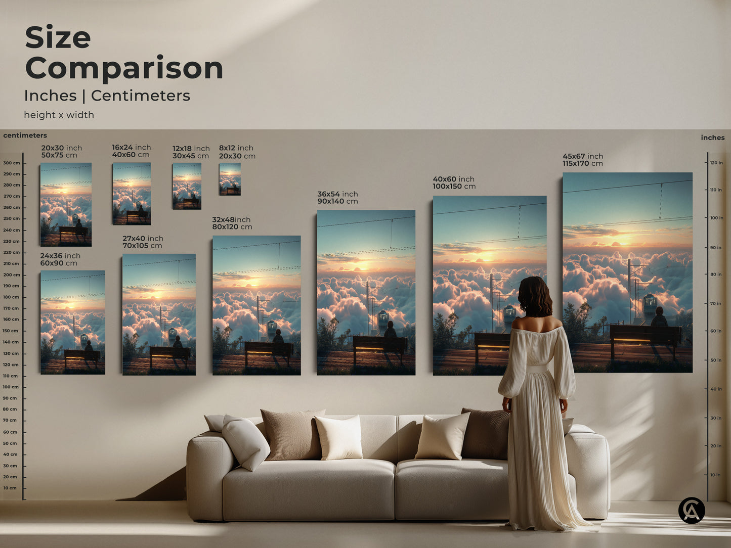 Size comparison of the 'Above Clouds Train' artwork in inches and centimeters. See how different sizes of this sunrise landscape canvas print fit above a couch. Visualize the impact of this cinematic travel view in your home. Perfect modern home wall art to enhance your living space.