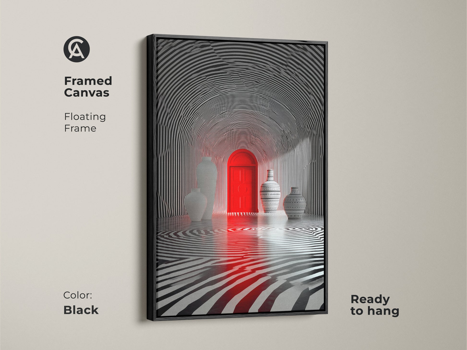 Framed canvas with a floating frame enhances this optical illusion art. A red door stands out in a zebra striped tunnel. Vases add depth. The black frame makes it ready to hang in any modern space.