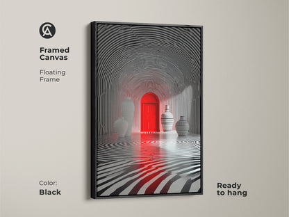 Framed canvas with a floating frame enhances this optical illusion art. A red door stands out in a zebra striped tunnel. Vases add depth. The black frame makes it ready to hang in any modern space.