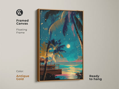 Framed Canvas featuring a dreamy tropical night scene with an antique gold floating frame. This boho beach wall art highlights deep blue and golden yellow tones. Ready to hang this coastal artwork enhances any living room.