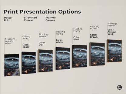 Explore print presentation options for surreal space art. Choose from poster prints stretched canvas and framed canvas. Available with gallery wrap mirror edges and floating frames. Find the perfect style for your deep blue astronomy art. Elevate your home with unique wall decor.