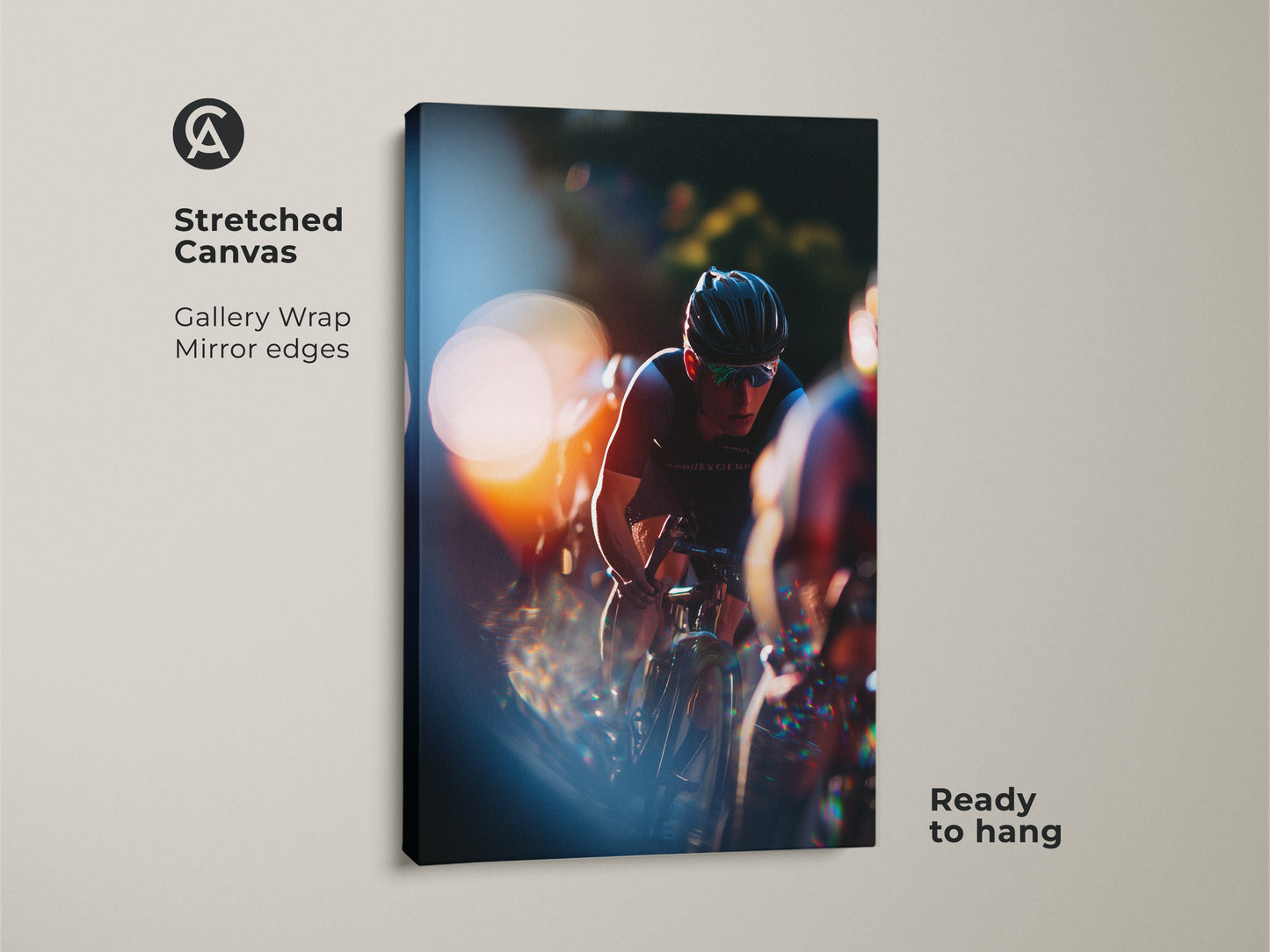 Stretched canvas featuring cyclist action photography. Gallery wrap with mirrored edges offers a modern look. Ready to hang and enjoy. The orange and blue sports decor brings a dynamic feel to any space. Ideal art for cycling enthusiasts.