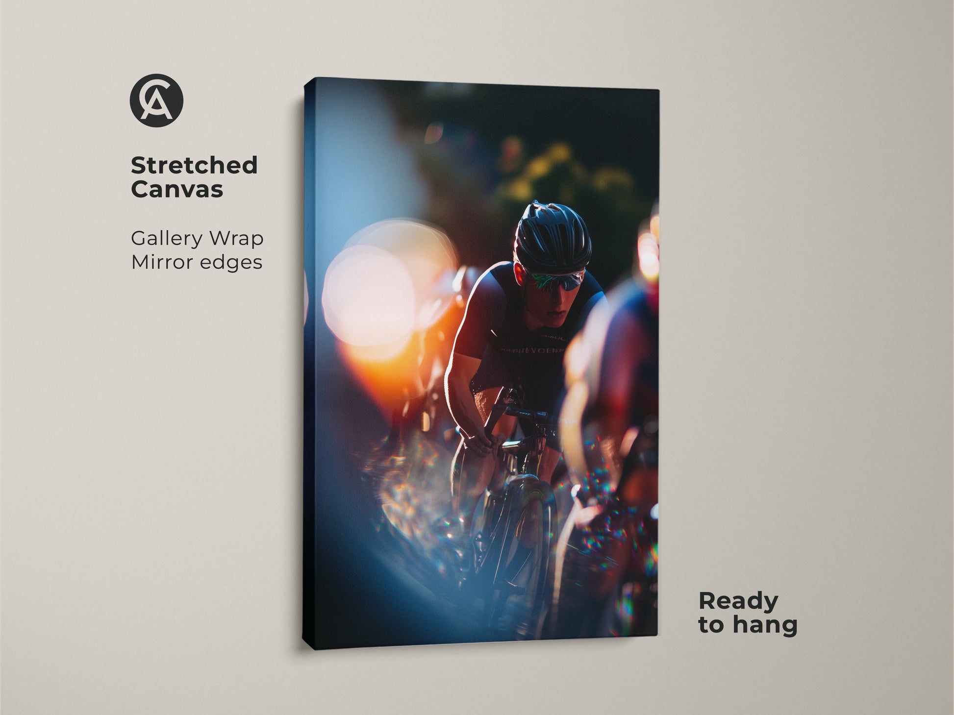 Stretched canvas featuring cyclist action photography. Gallery wrap with mirrored edges offers a modern look. Ready to hang and enjoy. The orange and blue sports decor brings a dynamic feel to any space. Ideal art for cycling enthusiasts.