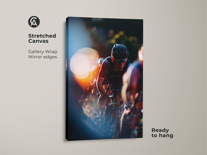 Stretched canvas featuring cyclist action photography. Gallery wrap with mirrored edges offers a modern look. Ready to hang and enjoy. The orange and blue sports decor brings a dynamic feel to any space. Ideal art for cycling enthusiasts.