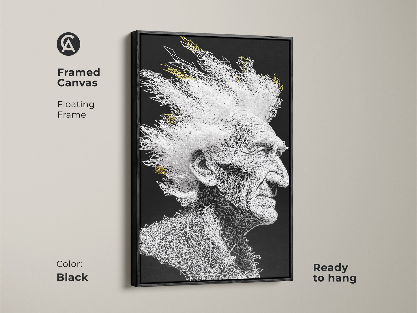 Framed canvas art showcasing an elderly man with white mohawk hair. The art is made of white lines on black. The frame is black and floating. Ready to hang in any room. A modern art piece.