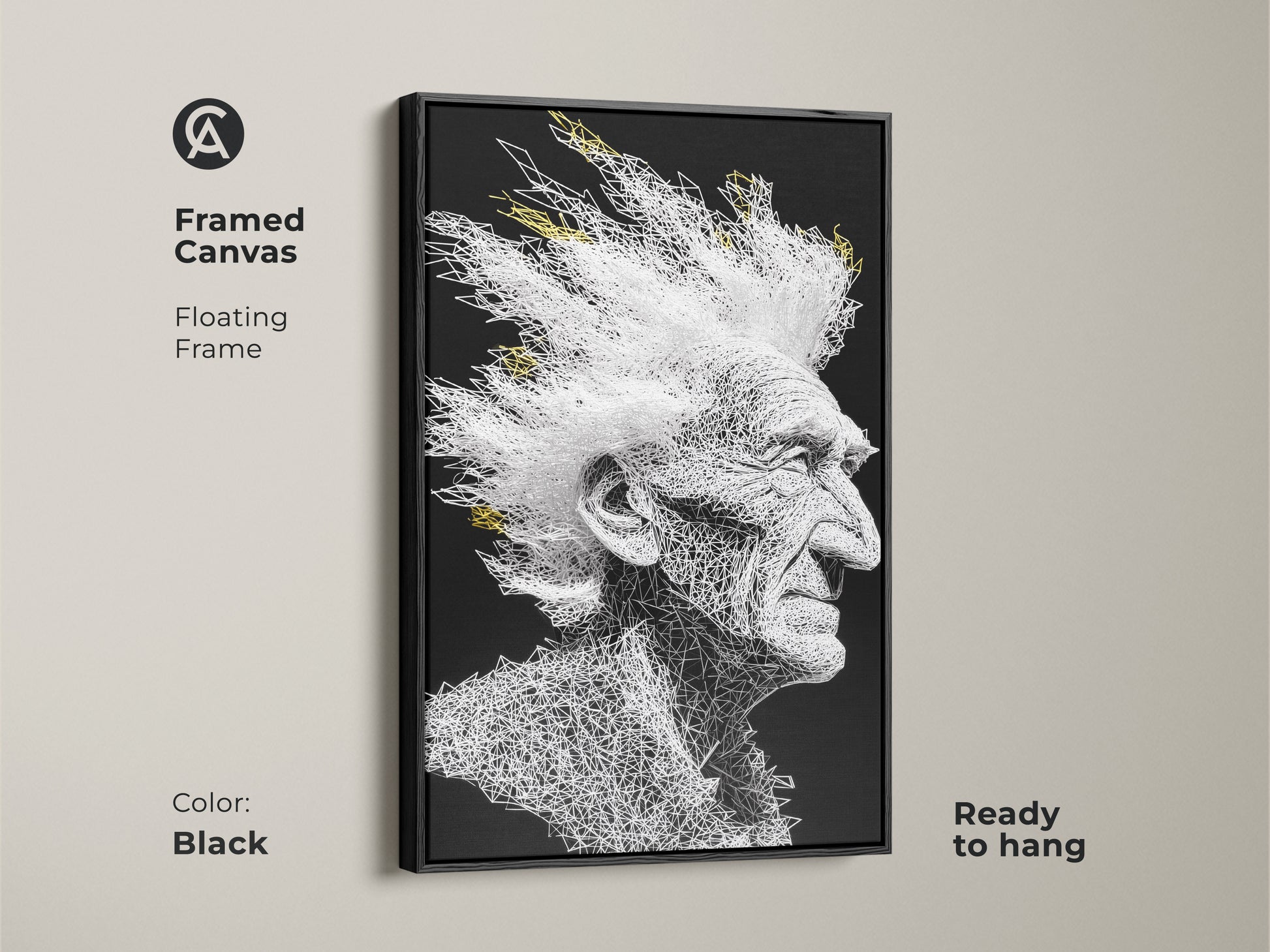 Framed canvas art showcasing an elderly man with white mohawk hair. The art is made of white lines on black. The frame is black and floating. Ready to hang in any room. A modern art piece.