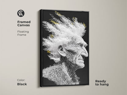 Framed canvas art showcasing an elderly man with white mohawk hair. The art is made of white lines on black. The frame is black and floating. Ready to hang in any room. A modern art piece.