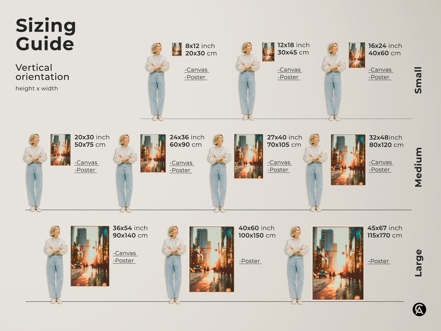 Sizing guide for vertical cityscape artwork. See how different sizes look in a room setting. Options include canvas and poster prints in various dimensions. Find the perfect size to complement your space and decor.