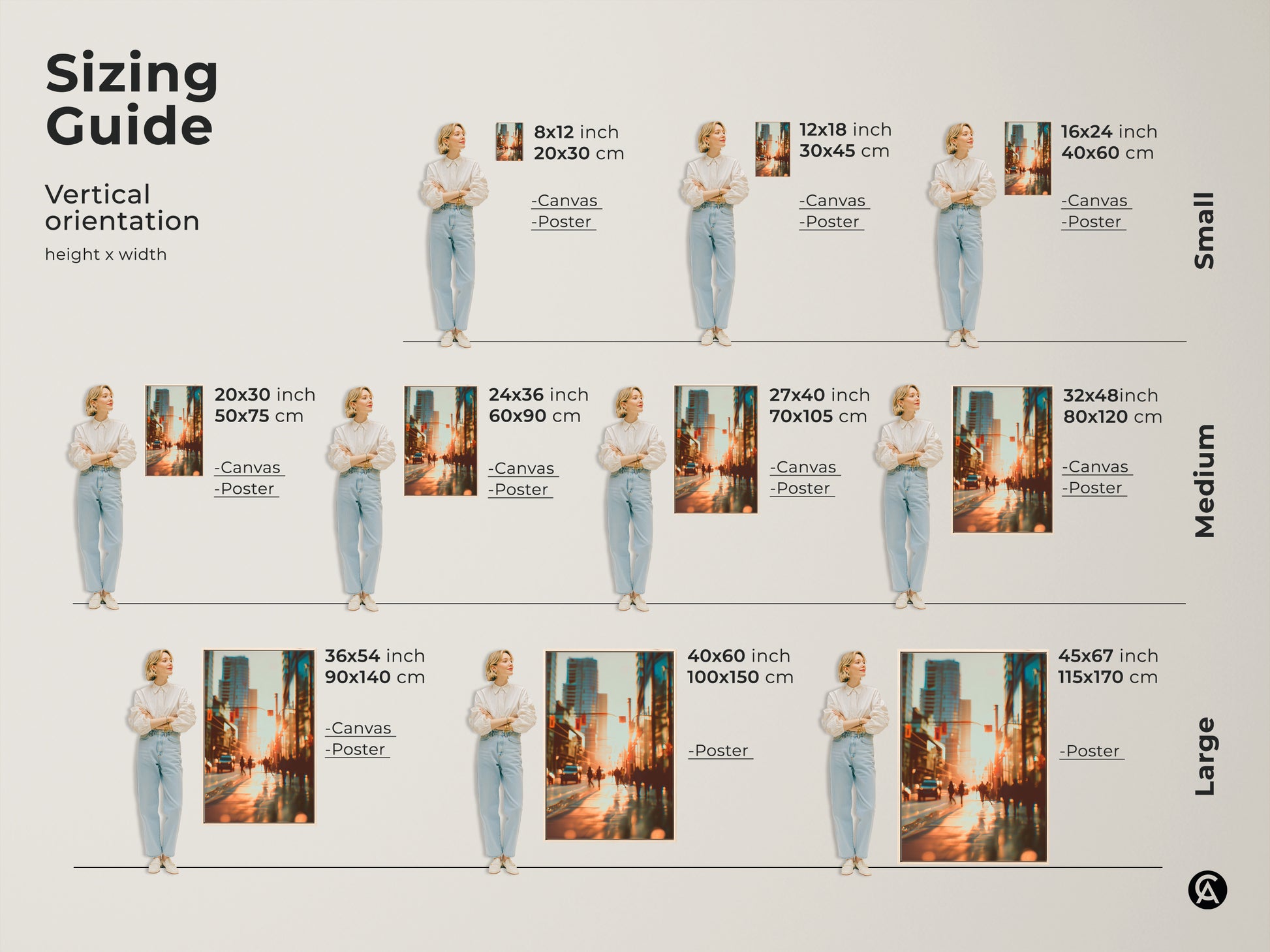 Sizing guide for vertical cityscape artwork. See how different sizes look in a room setting. Options include canvas and poster prints in various dimensions. Find the perfect size to complement your space and decor.