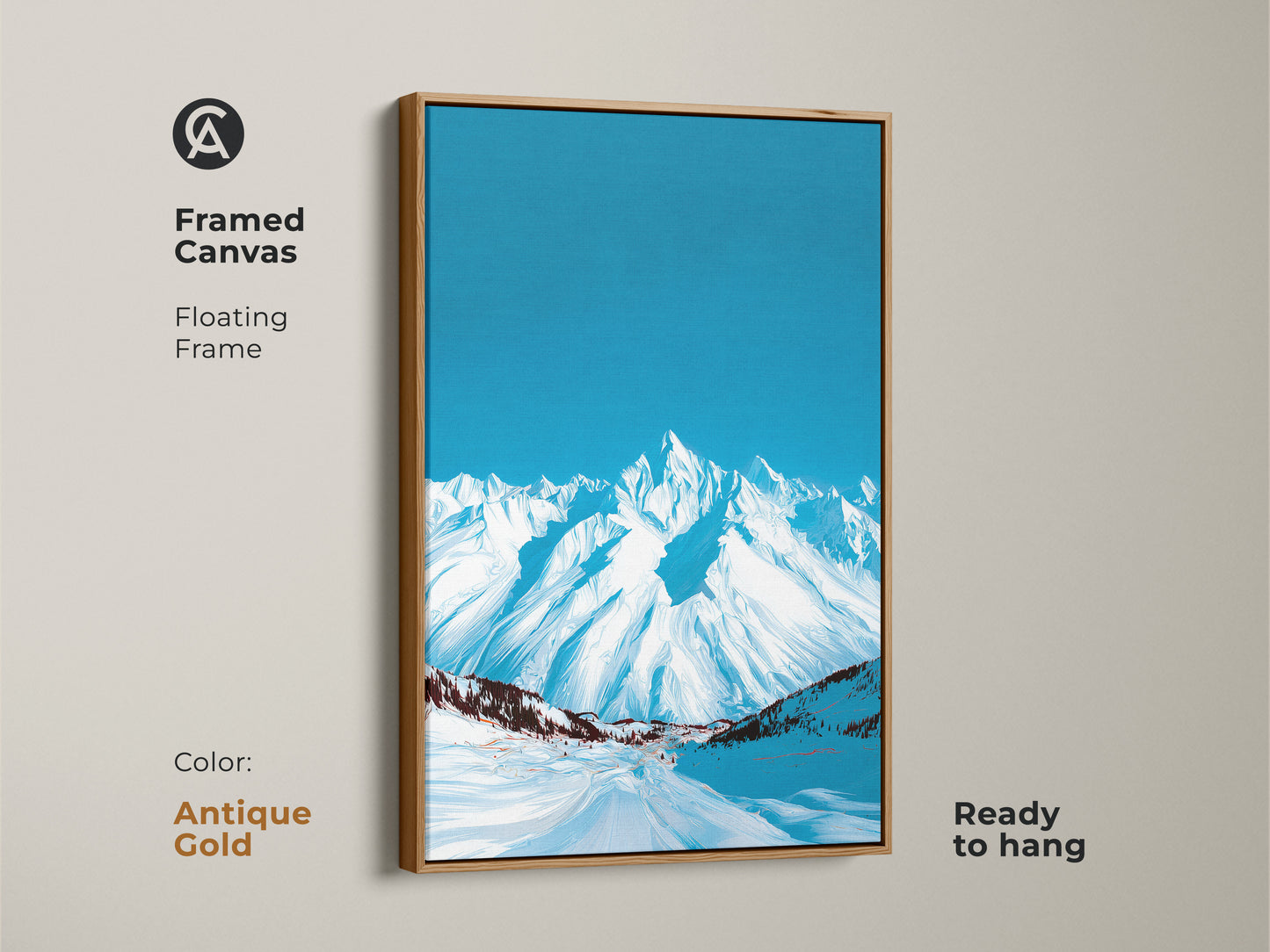 Antique gold framed canvas of an abstract snowy mountain. The deep blue sky makes it a striking winter landscape artwork. It's a contemporary art piece ready to hang and elevate your decor.